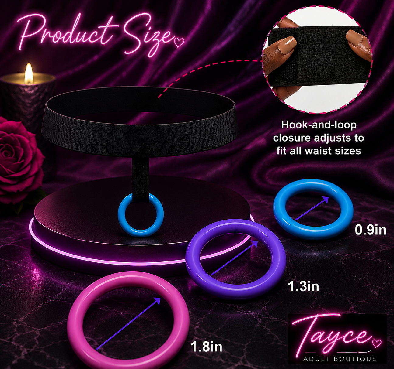 Adjustable black strap with three interchangeable ring sizes—0.9”, 1.3”, and 1.8”